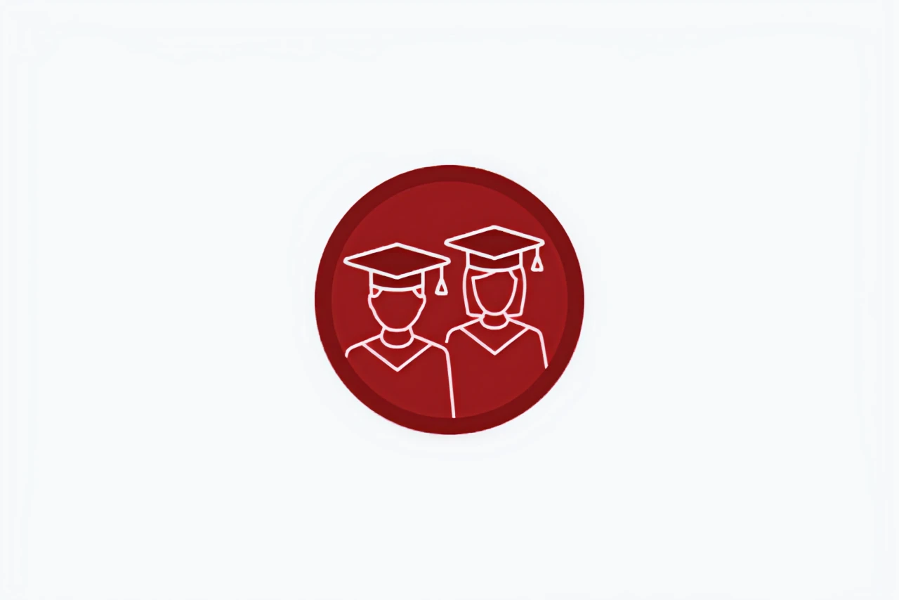 An icon features a red circle with two white outline figures inside, both wearing graduation caps and gowns. The figures represent graduates, one male and one female.